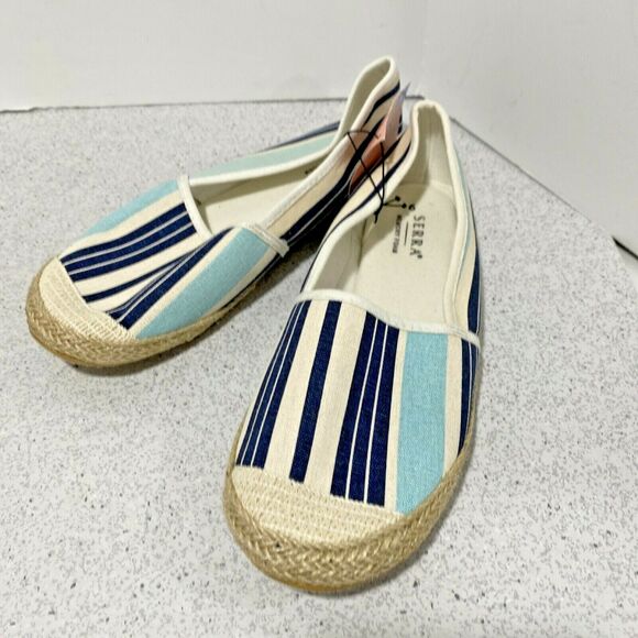 NWT Serra espadrilles blue & natural striped canvas flats slip on shoes US 9M - Picture 1 of 8